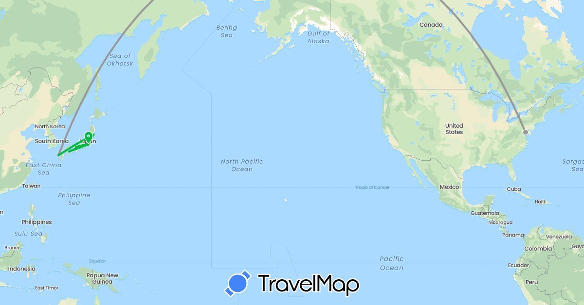 TravelMap itinerary: driving, bus, plane in Japan, United States (Asia, North America)